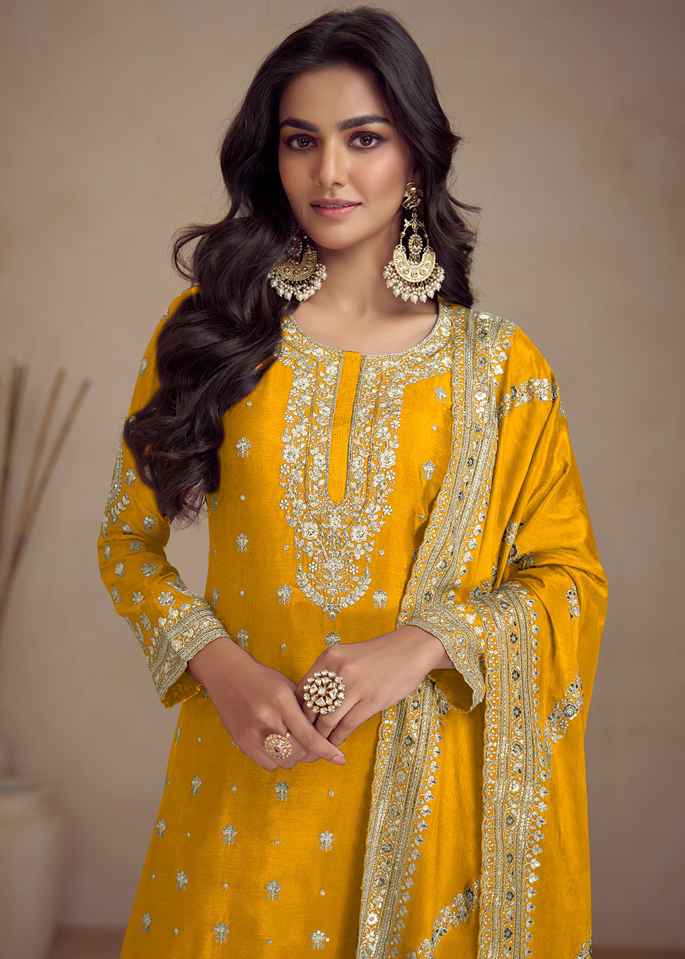 Canary Yellow Embroidered Chinon Silk Plazzo Suit