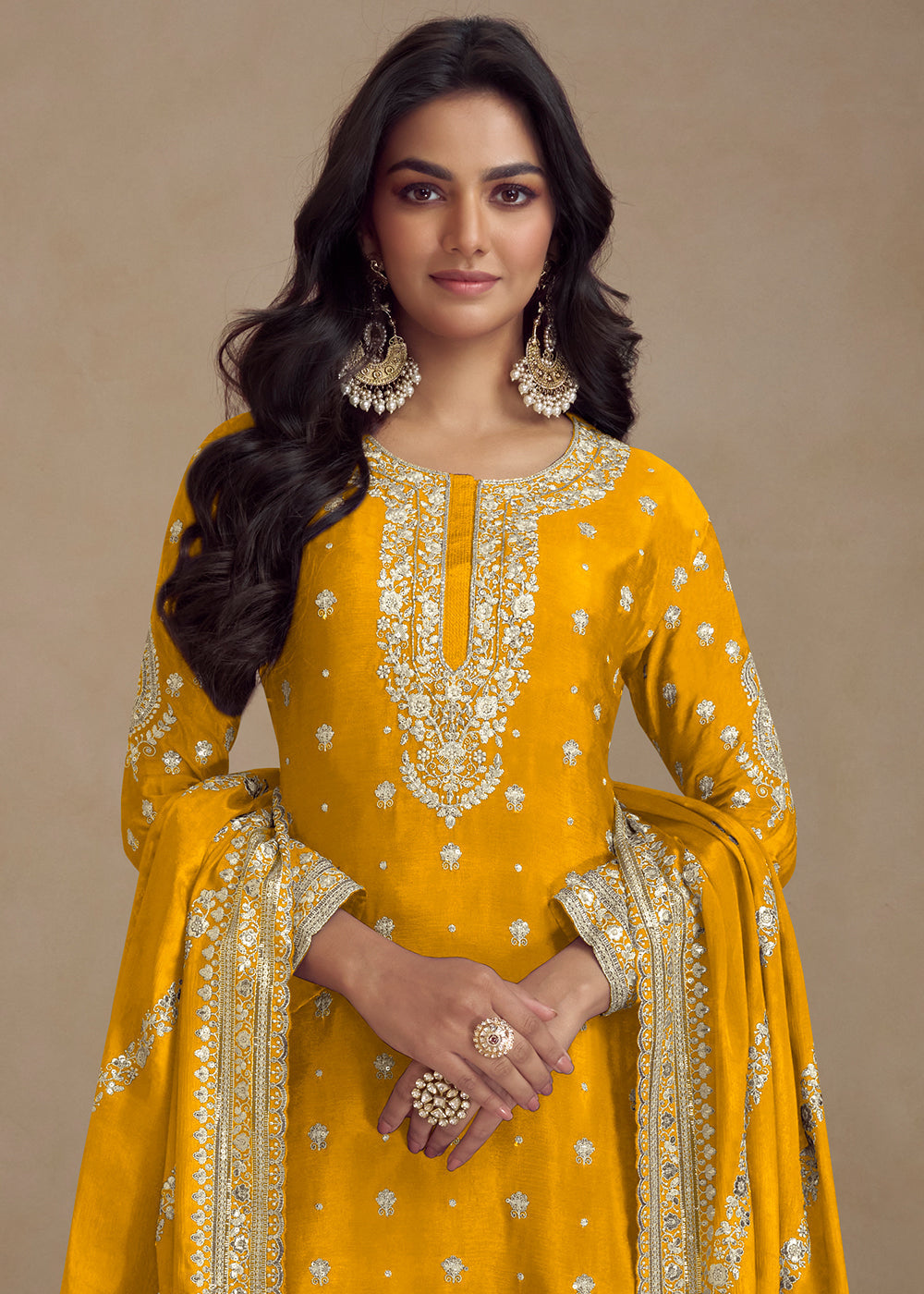 Canary Yellow Embroidered Chinon Silk Plazzo Suit