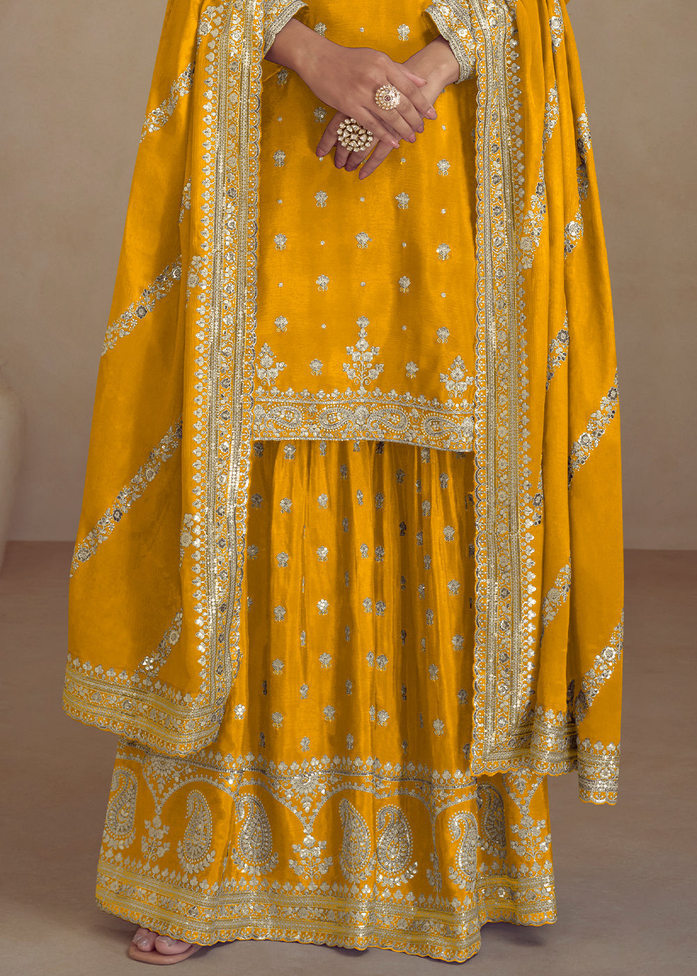 Canary Yellow Embroidered Chinon Silk Plazzo Suit