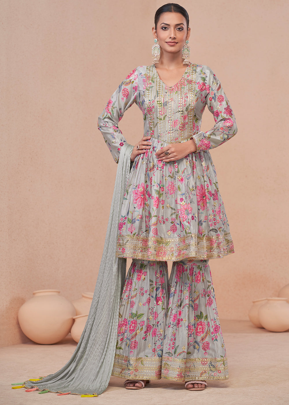 Light Grey Digital Floral Printed Chinon Suit with Embroidery work