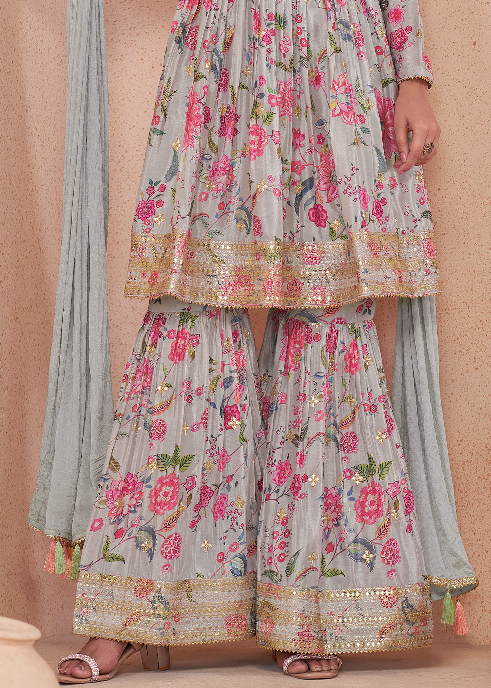 Light Grey Digital Floral Printed Chinon Suit with Embroidery work