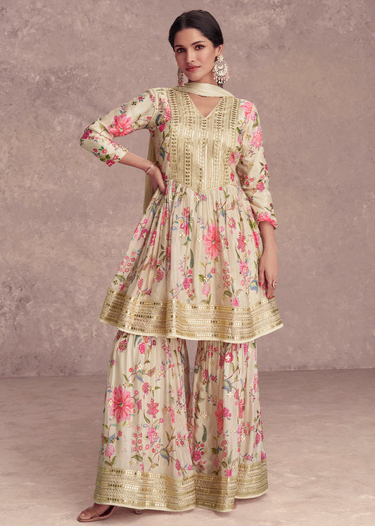 Tea Green Digital Floral Printed Chinon Suit with Embroidery work