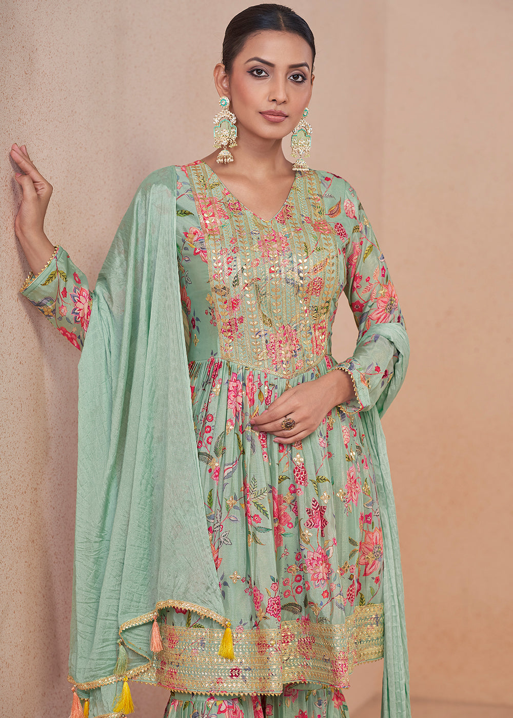 Light Blue Digital Floral Printed Chinon Suit with Embroidery work