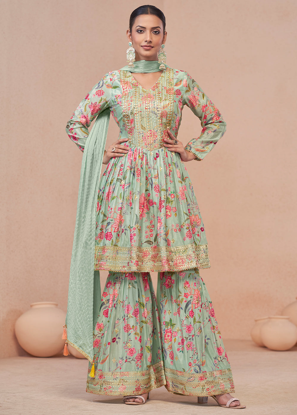 Light Blue Digital Floral Printed Chinon Suit with Embroidery work