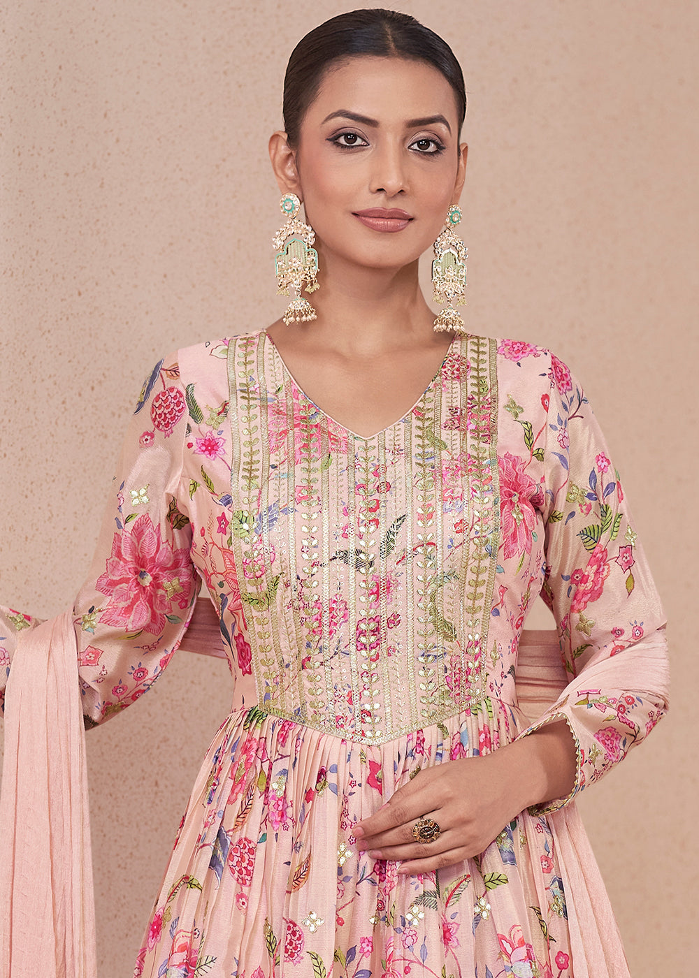 Baby Pink Digital Floral Printed Chinon Suit with Embroidery work