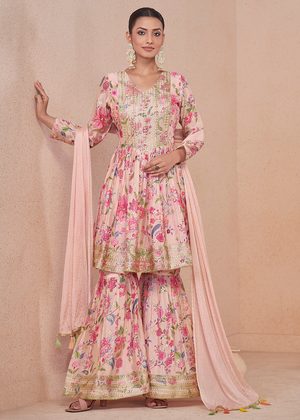 Baby Pink Digital Floral Printed Chinon Suit with Embroidery work