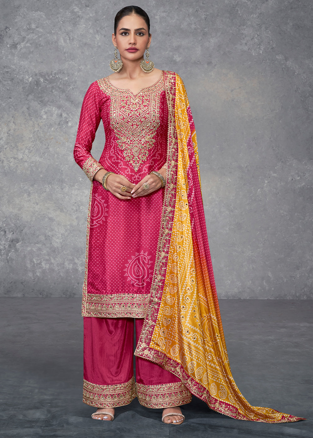 Frence Rose Pink Bandhani Printed Chinon Silk Plazzo Suit Having Embroidery with Mirror Work