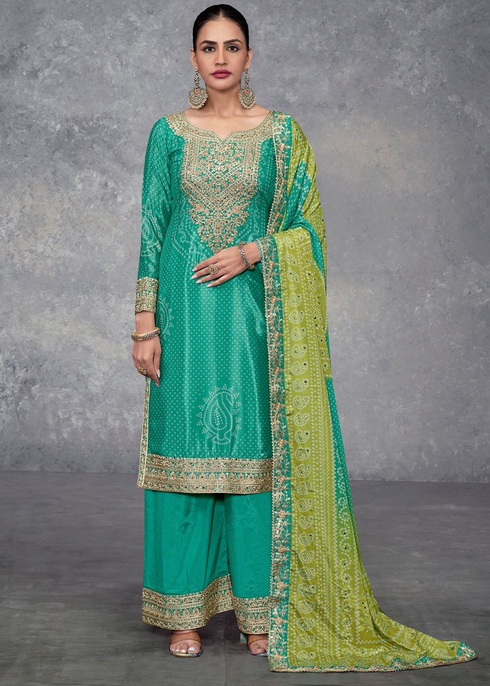 Clover Green Bandhani Printed Chinon Silk Plazzo Suit Having Embroidery with Mirror Work