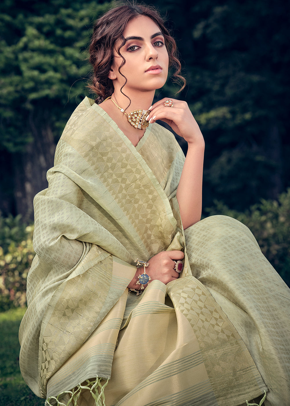 Tea Green Zari Woven Tissue Silk Saree