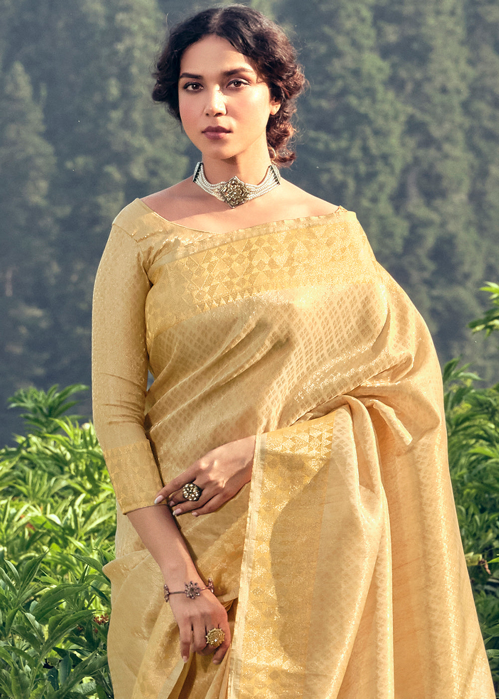 Beige Golden Zari Woven Tissue Silk Saree
