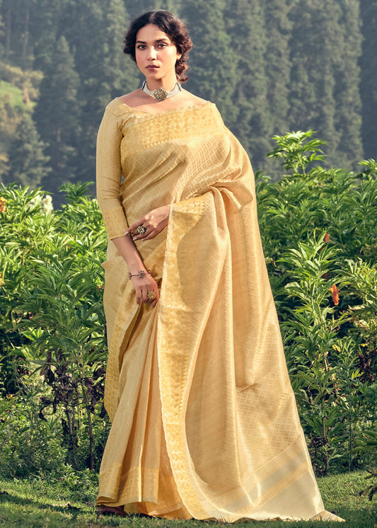Beige Golden Zari Woven Tissue Silk Saree