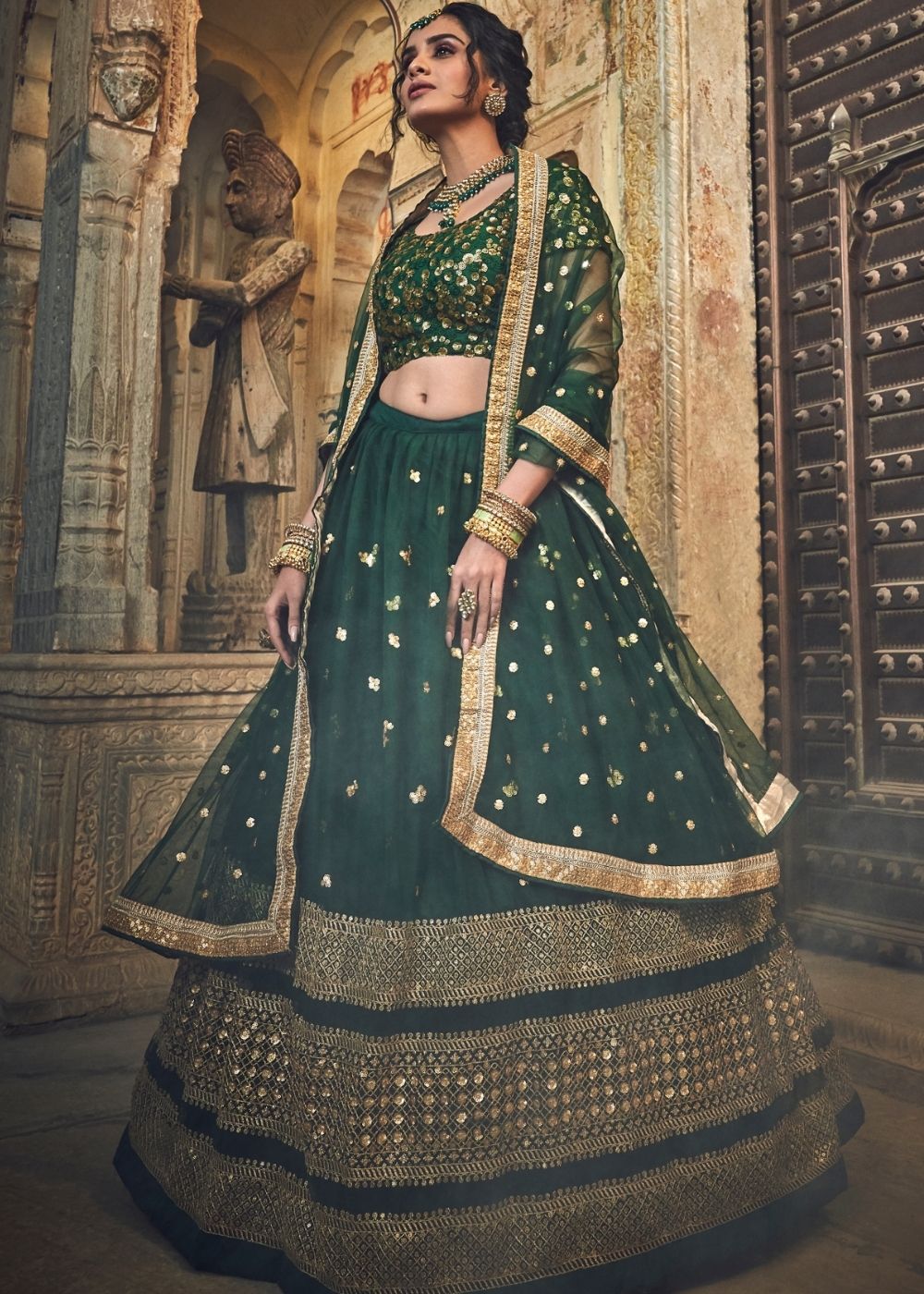 Sacramento Green Soft Net Lehenga Choli with Sequins & Zari work