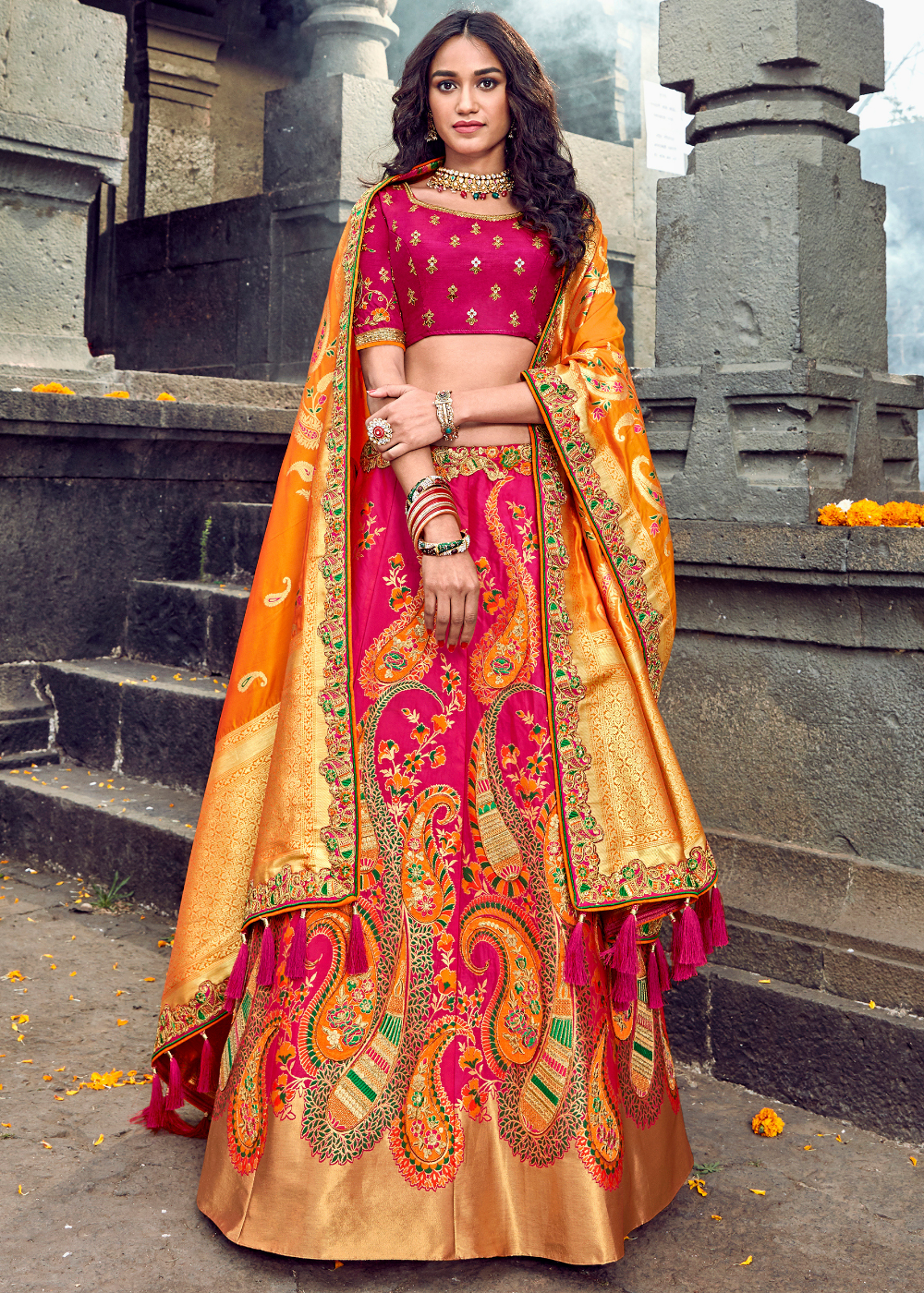 Rani Pink & Mustard Banarasi Silk Lehenga