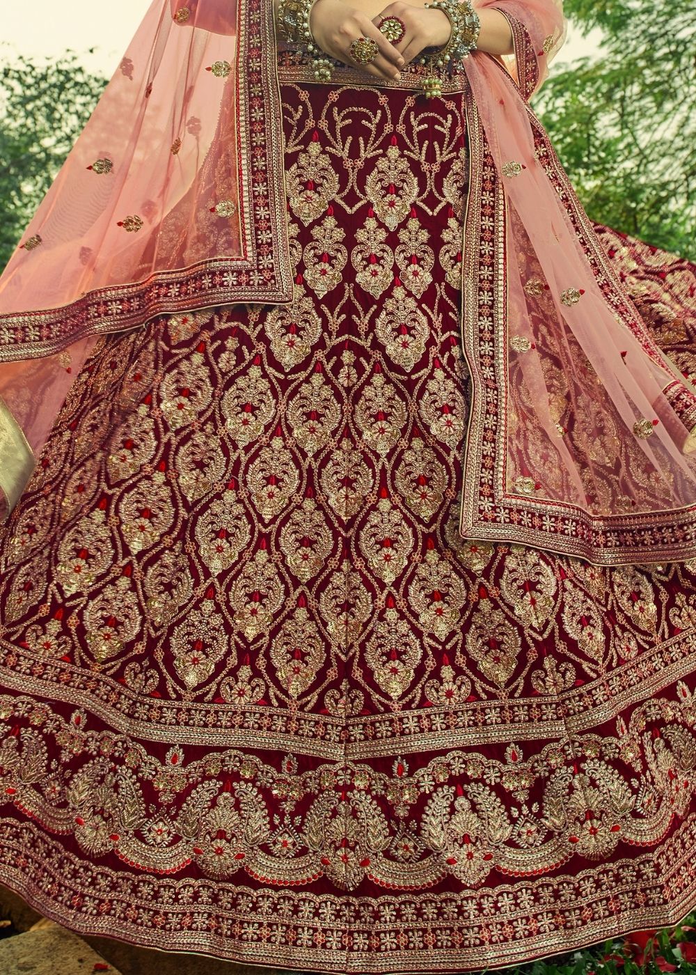 Mahogany Red Bridal Velvet Lehenga Choli with Embroidery & Hand work