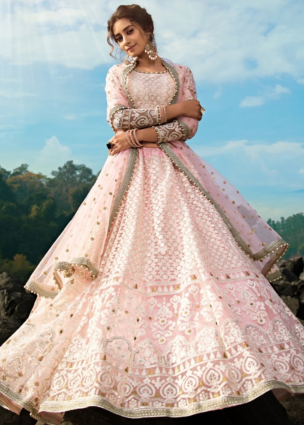 Pale Pink Designer Soft Net Lehenga Choli with Sequins, Thread & Zari work