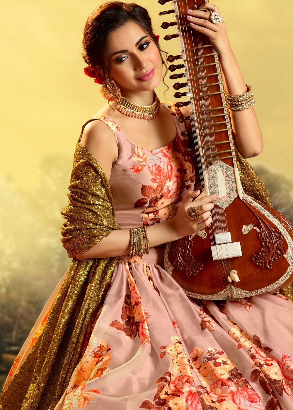 Coral Pink Organza Designer Printed Floral Lehenga Choli with Sequins and Zari work