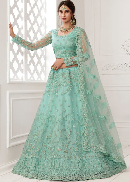 Turquoise Blue Soft Net Lehenga Choli with Cording, Stonework, Thread & Badla Embroidery