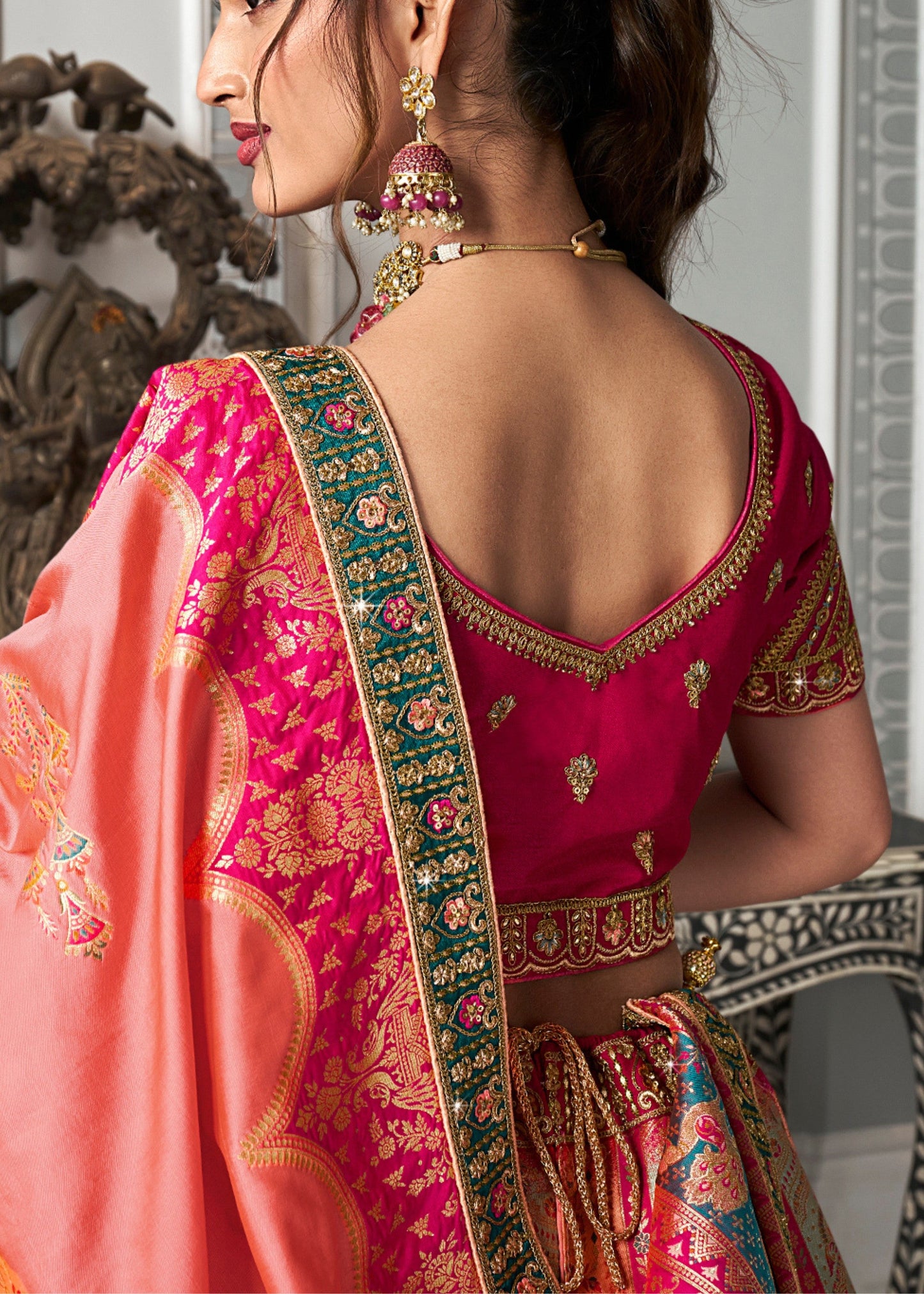 Peach & Pink Banarasi Silk Lehenga with Zarkan Codding work