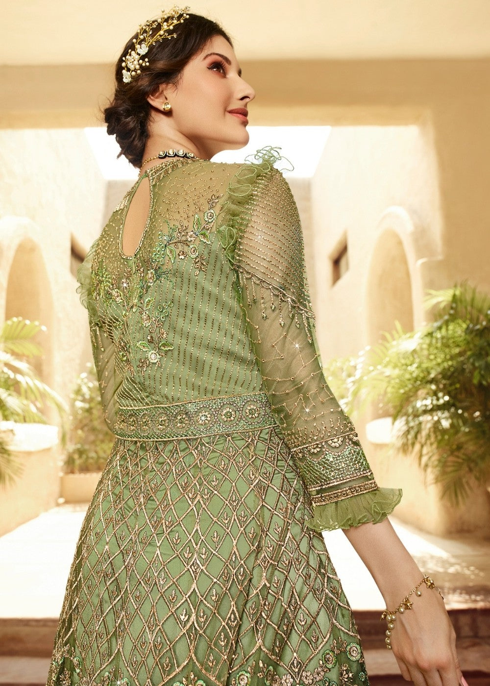 Green Heavy Embroidered Net Anarkali