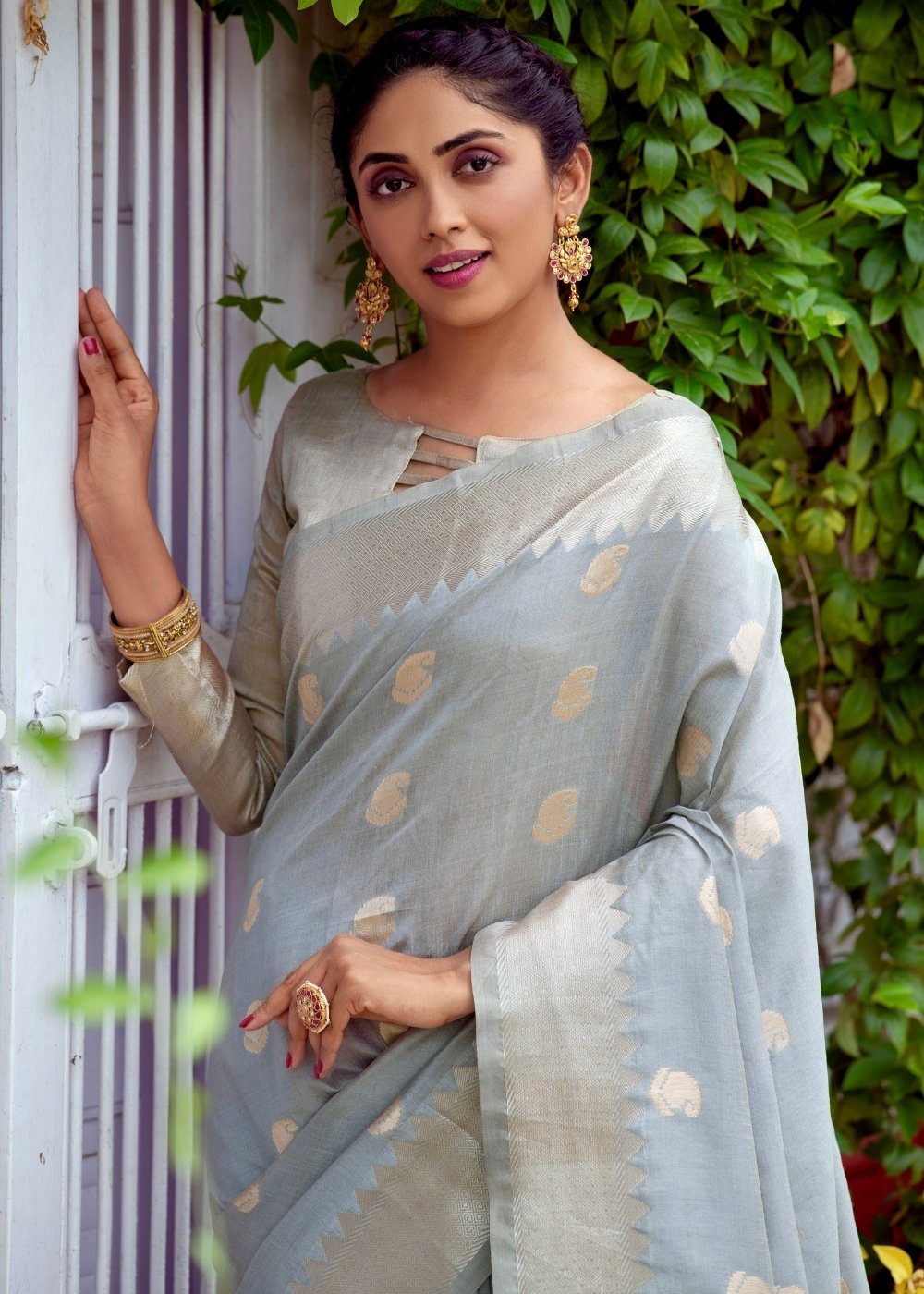 Dolphin Grey Assam Silk Saree with Zari Weaving Butti overall