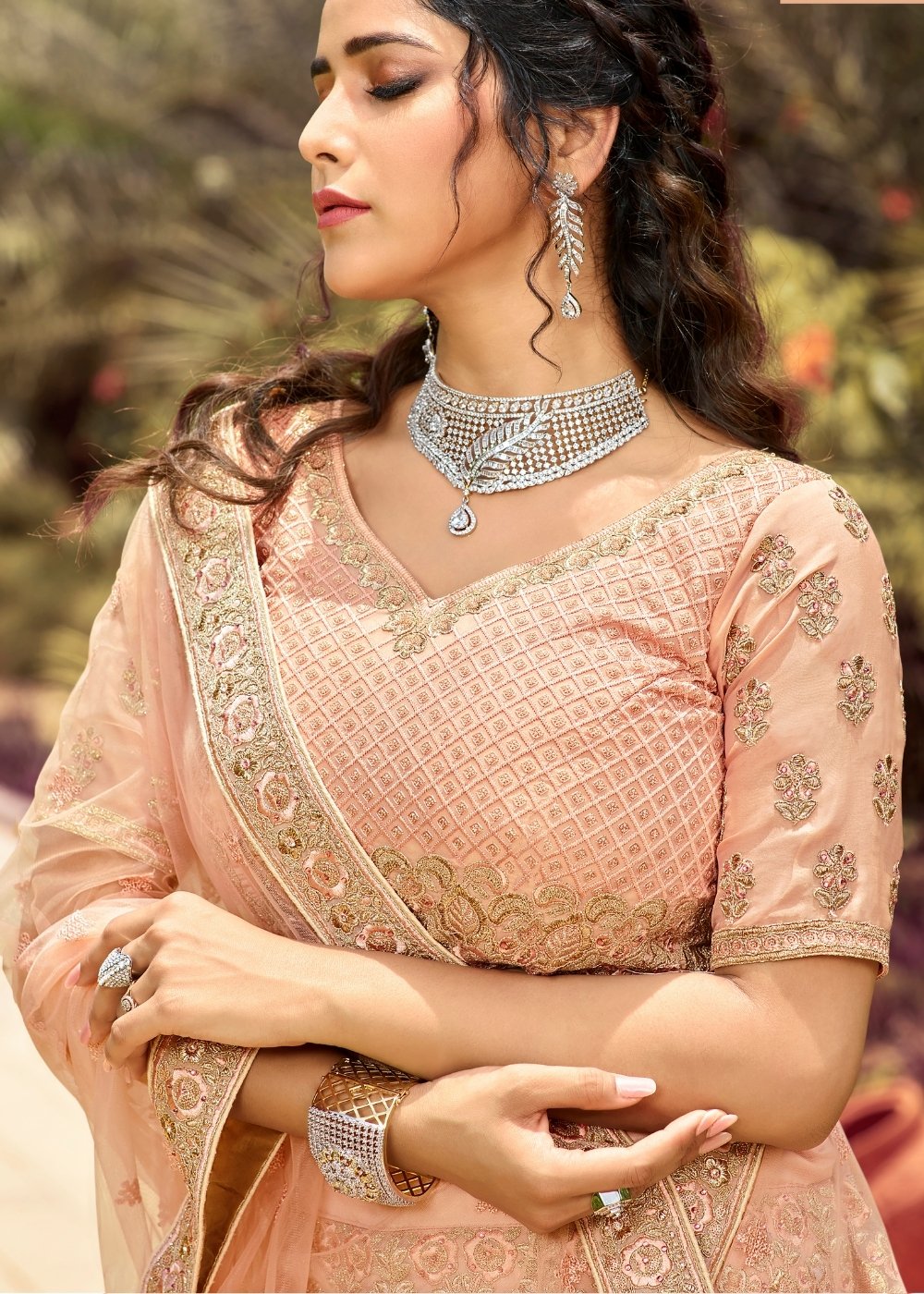 Peach Pink Organza Lehenga Choli with Resham, Dori & Zari work