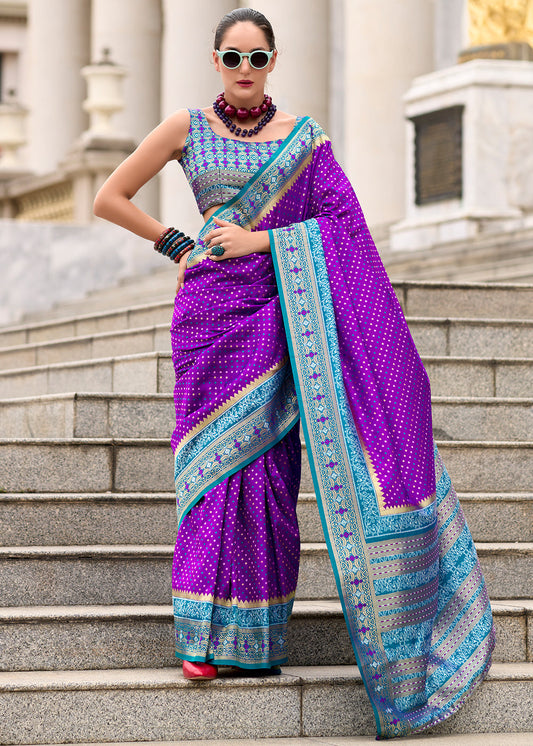 Irish Purple Woven Banarasi Silk saree with Contrast Blouse & Pallu
