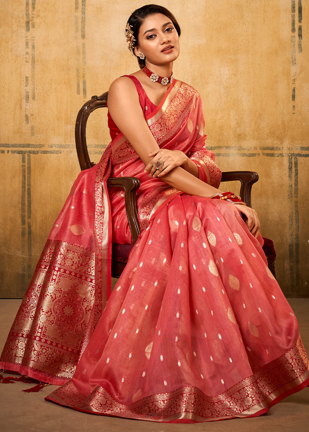 Vivid Peach Woven Banarasi Tissue Silk Saree : Top Pick