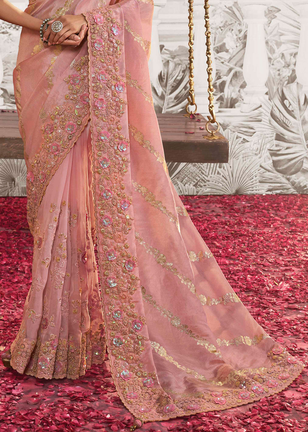 Light Peach Pink Designer Heavy Embroidered Silk Saree