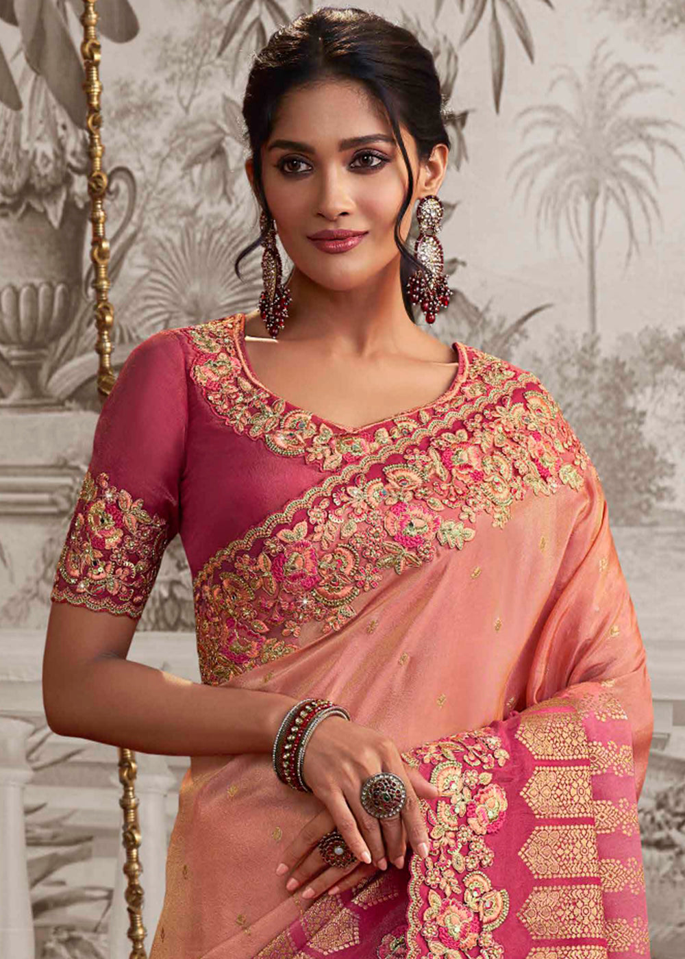 Shades Of Pink Designer Heavy Embroidered Silk Saree