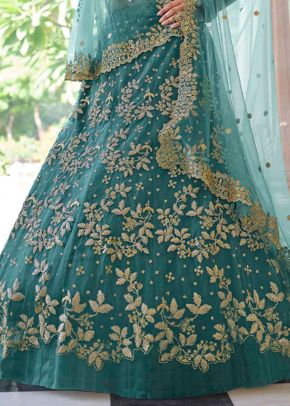 Rama Green Soft Net Lehenga Choli with Dori & Sequins work