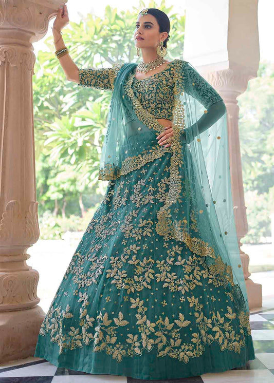 Rama Green Soft Net Lehenga Choli with Dori & Sequins work