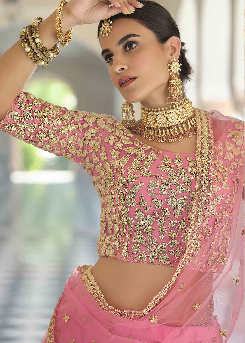 French Rose Pink Soft Net Lehenga Choli with Dori & Sequins work