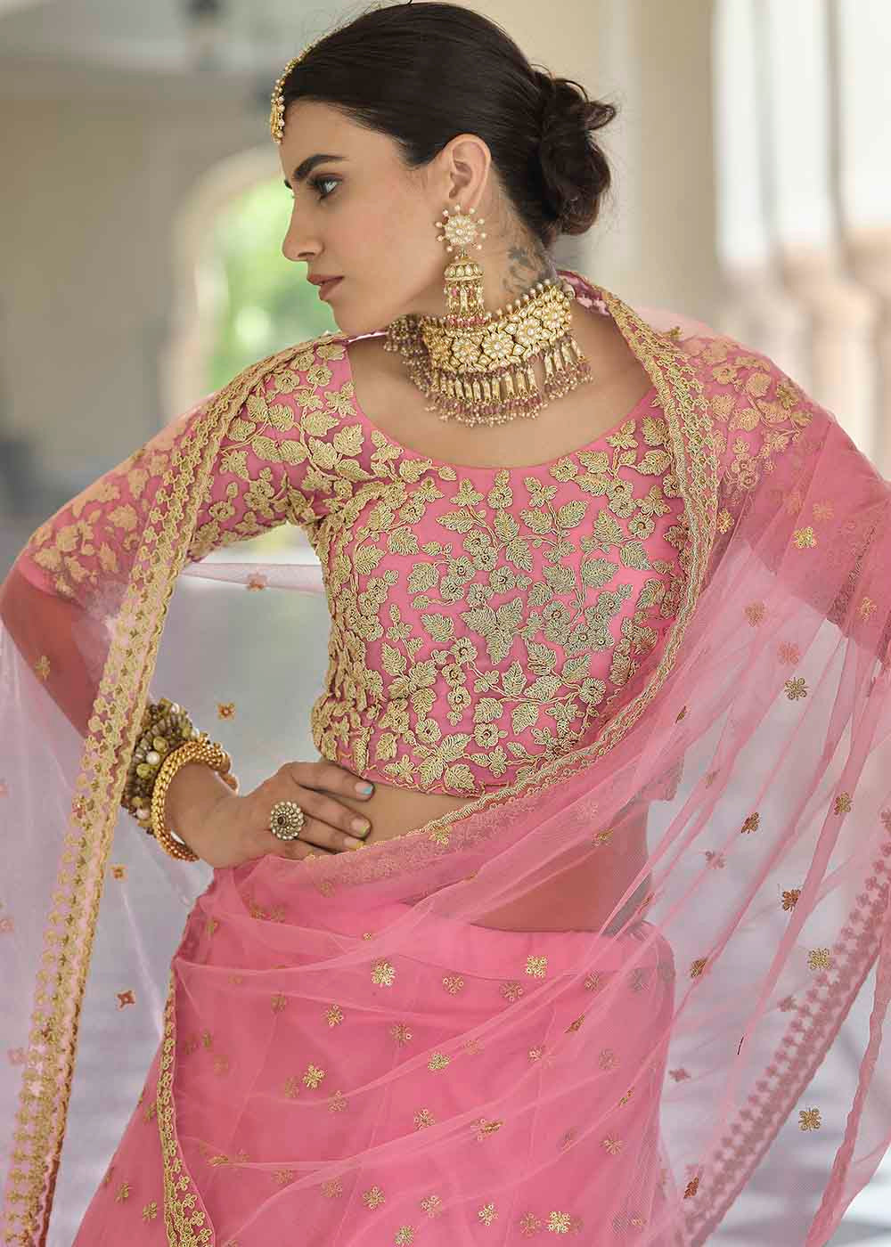 French Rose Pink Soft Net Lehenga Choli with Dori & Sequins work