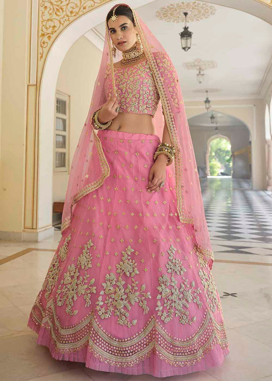 French Rose Pink Soft Net Lehenga Choli with Dori & Sequins work