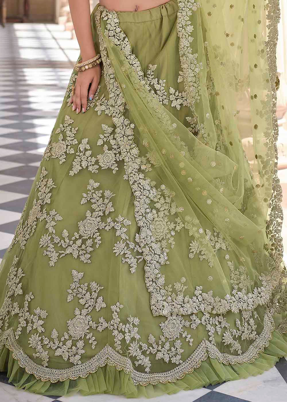 Olive Green Soft Net Lehenga Choli with Dori & Sequins work