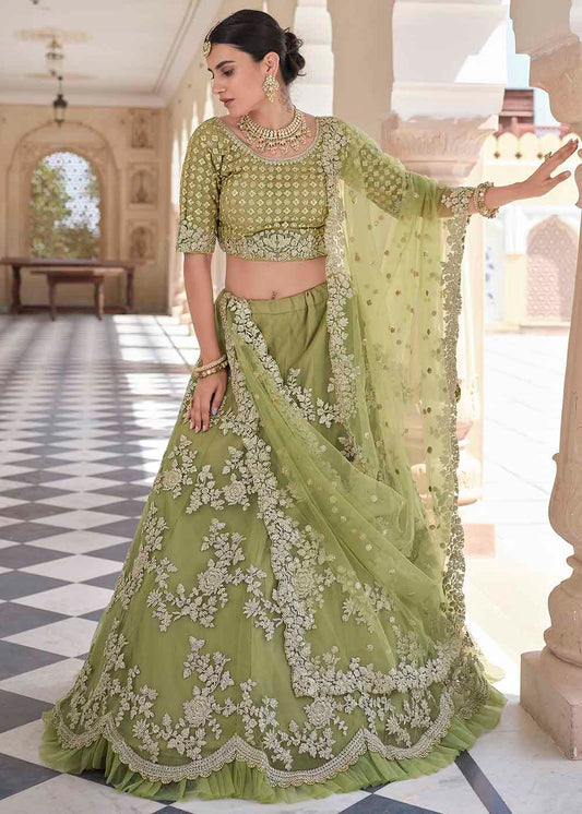 Olive Green Soft Net Lehenga Choli with Dori & Sequins work