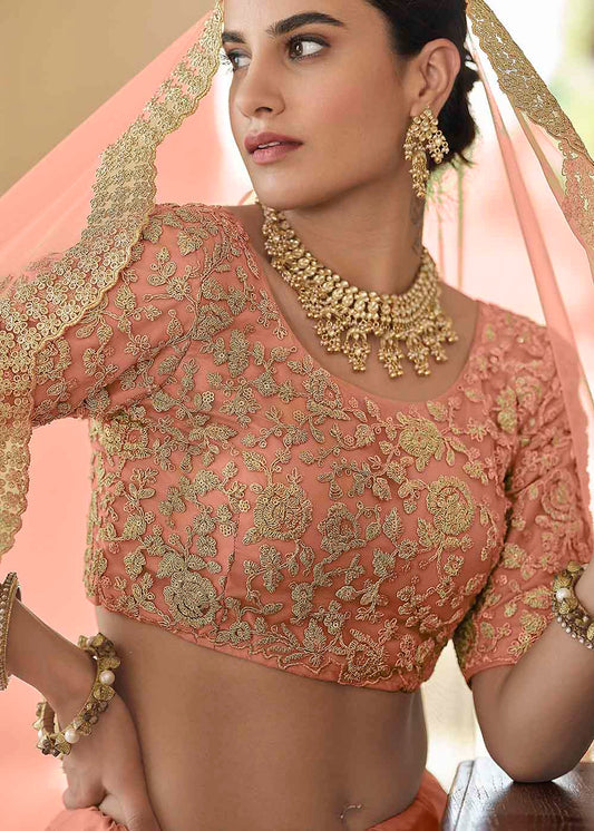 Peach Pink Soft Net Lehenga Choli with Dori & Sequins work