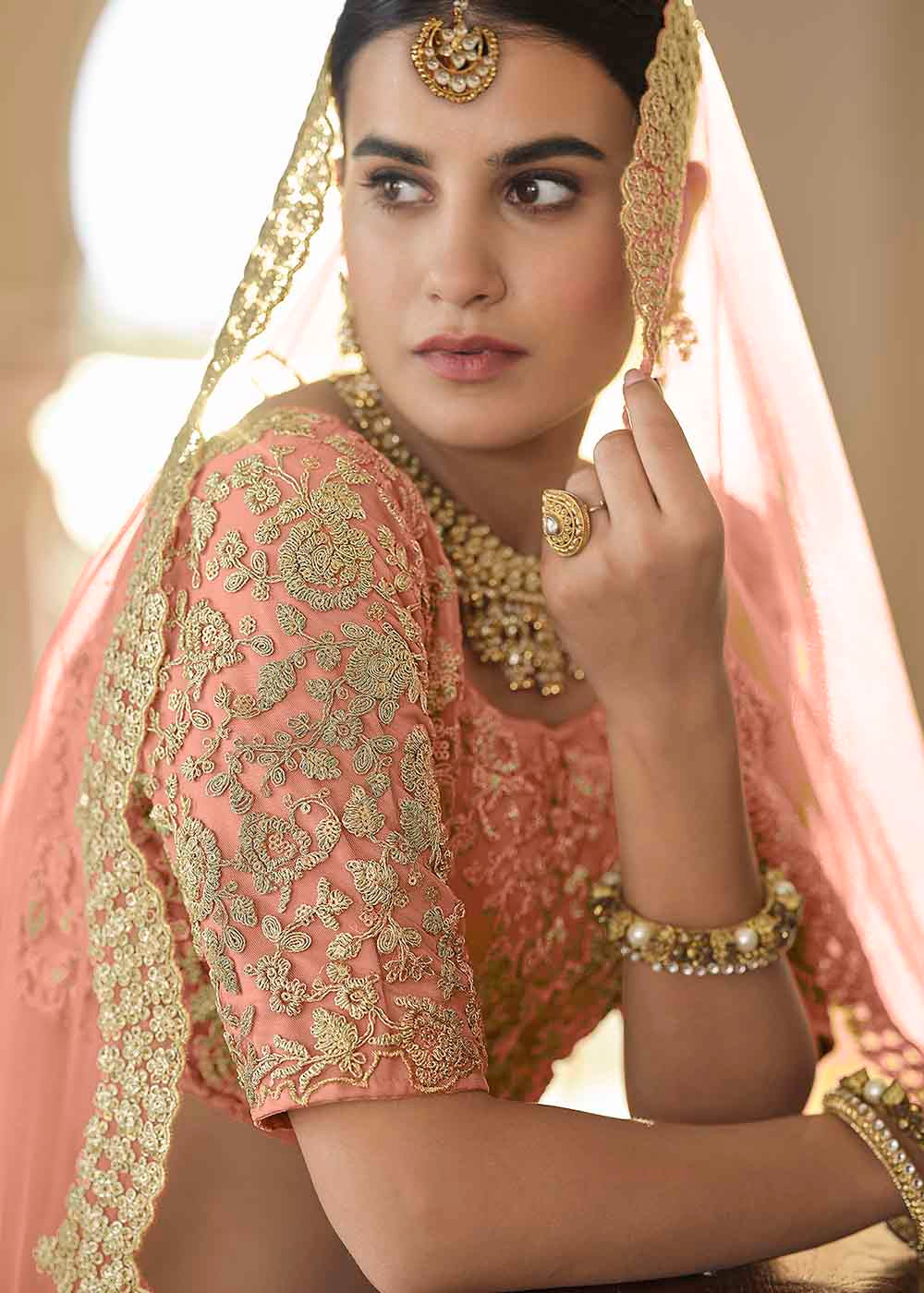 Peach Pink Soft Net Lehenga Choli with Dori & Sequins work