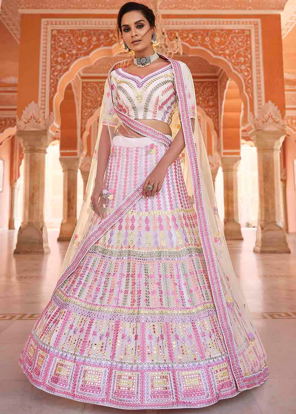 Pearl White Organza Lehenga Choli with Thread & Gota work