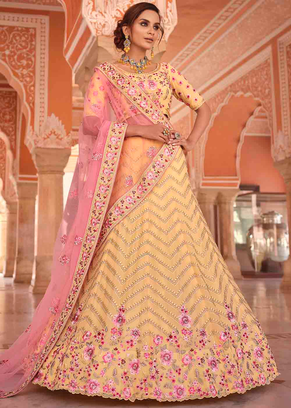 Light Yellow Georgette Lehenga Choli with Zarkan, Zari & Thread work