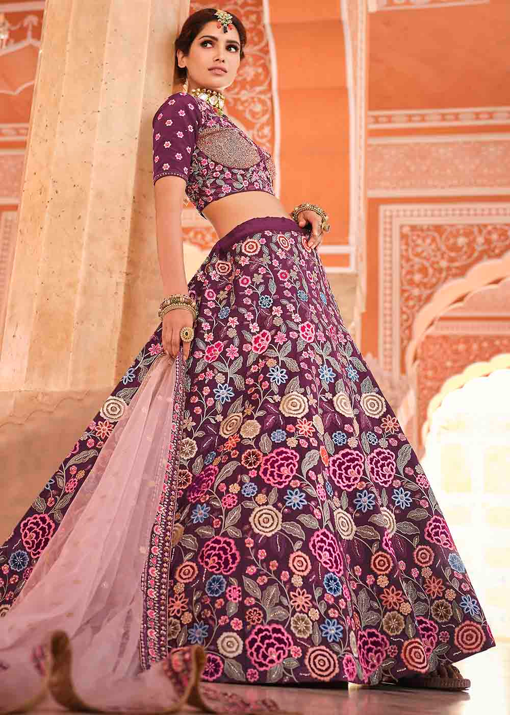 Rasin Purple Crepe Lehenga Choli with Thread, Zarkan & Sequins work