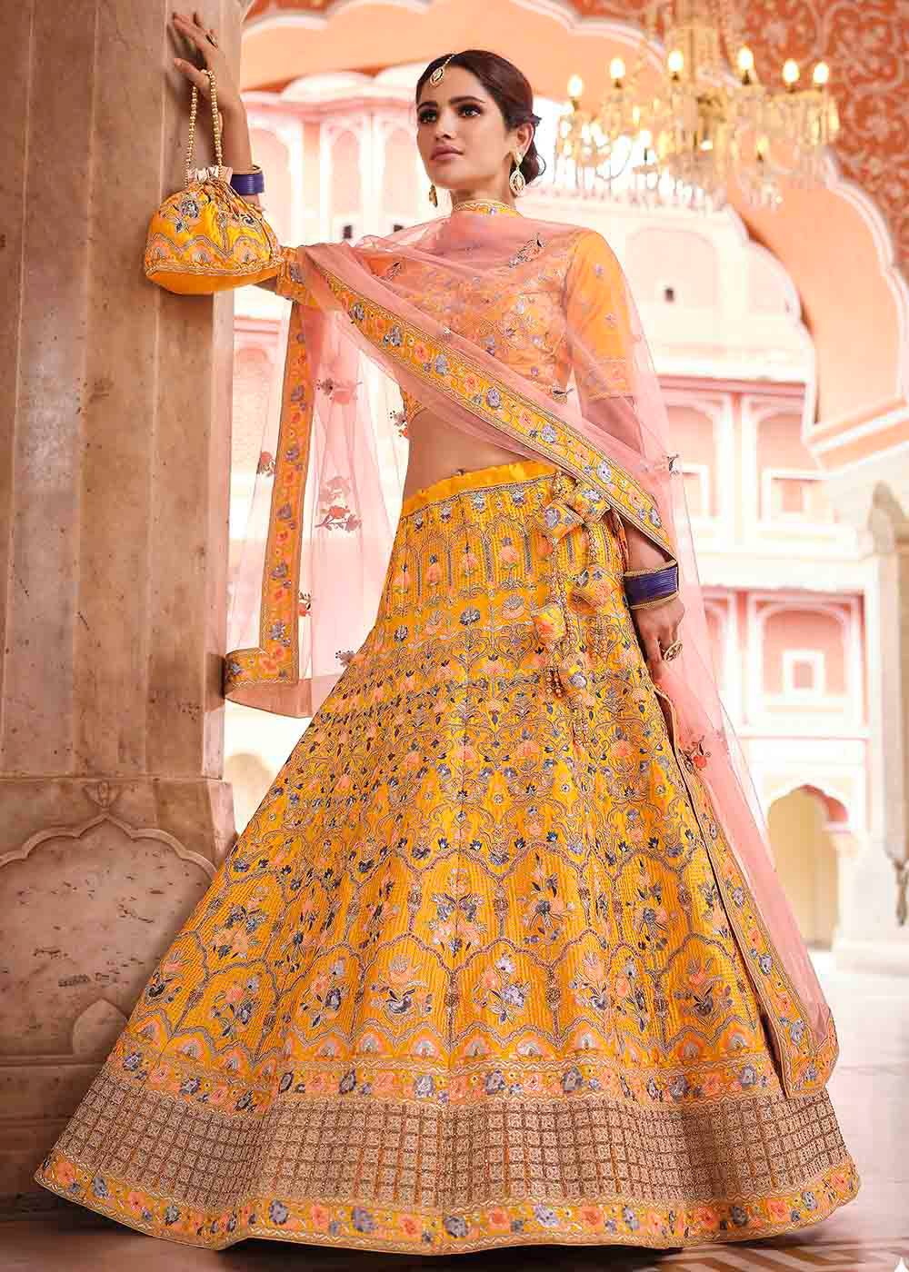 Chrome Yellow Crepe Lehenga Choli with Swarovski, Sequins & Dori work