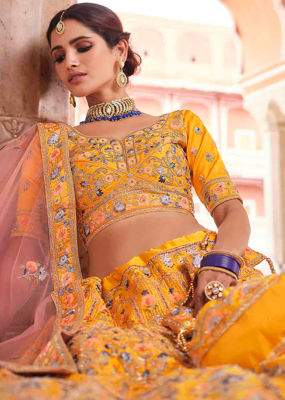 Chrome Yellow Crepe Lehenga Choli with Swarovski, Sequins & Dori work