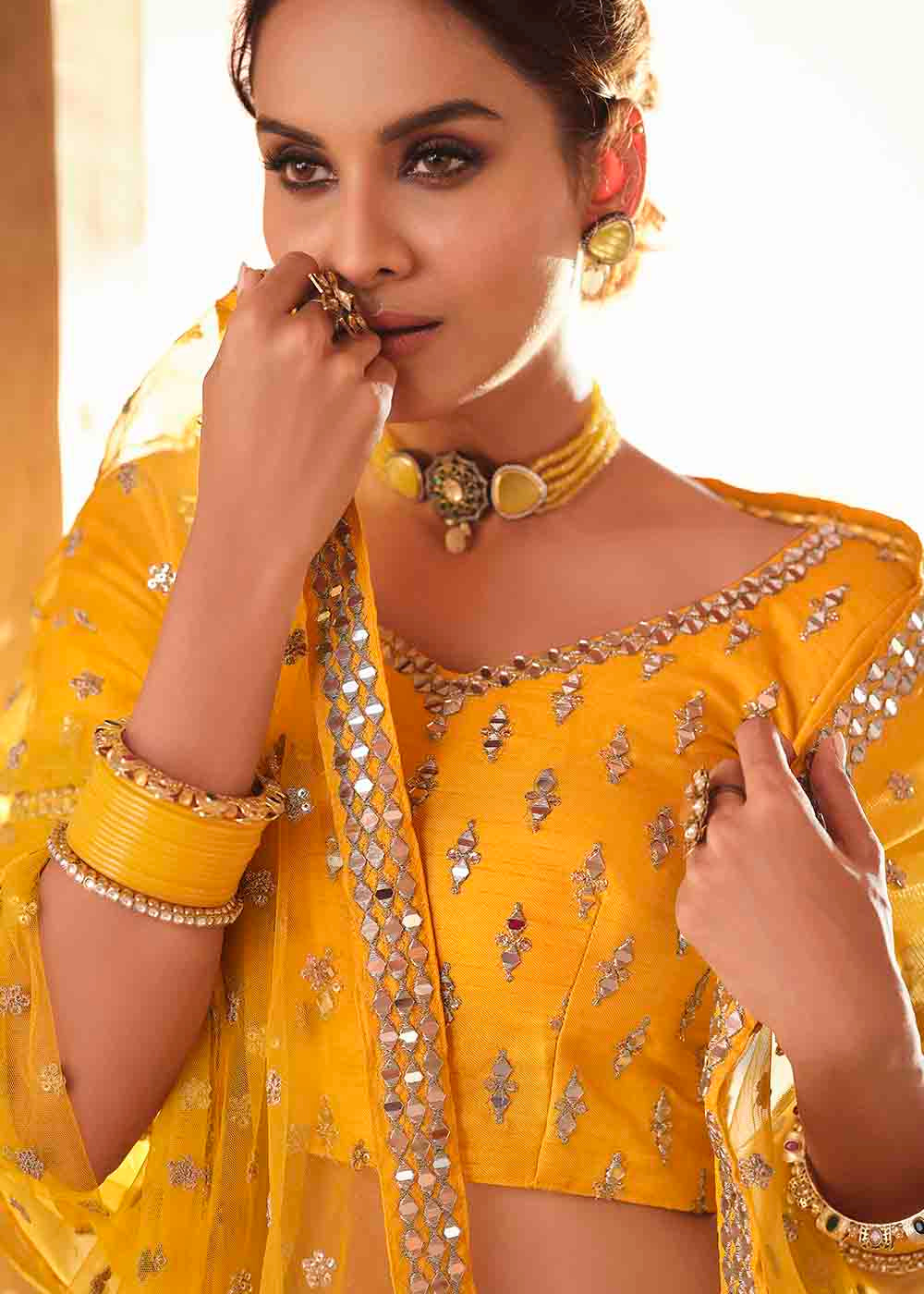 Bright Yellow Art Silk Lehenga Choli with Real Mirror & Zari work