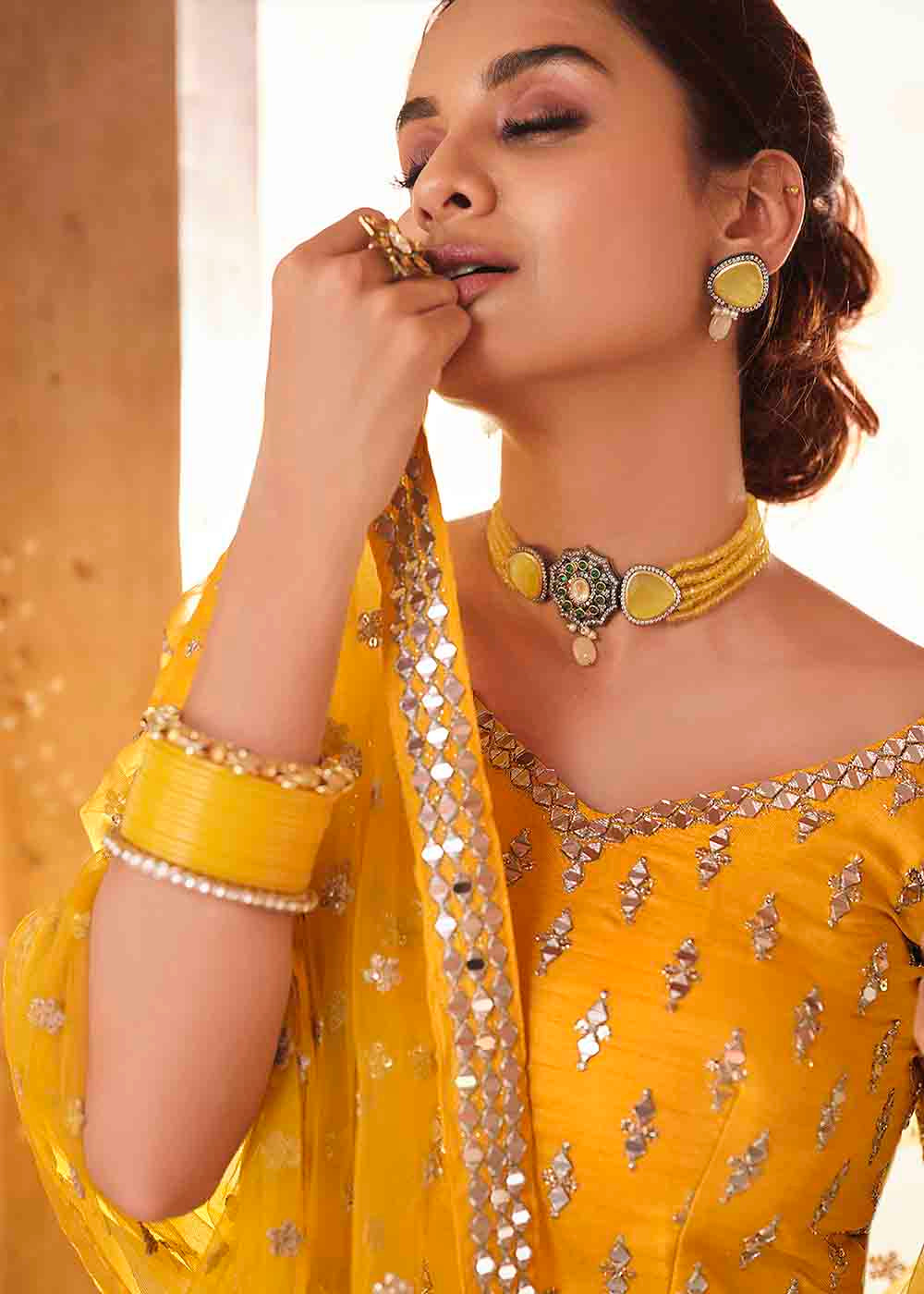 Bright Yellow Art Silk Lehenga Choli with Real Mirror & Zari work