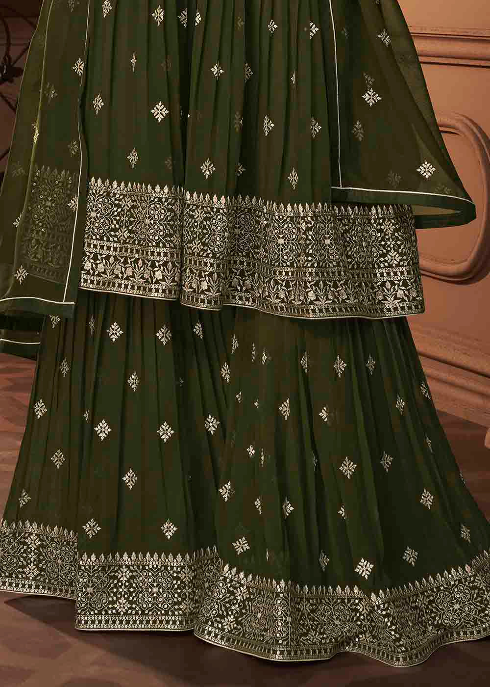 Juniper Green Designer Georgette Plazzo Suit with Sequin & Thread work