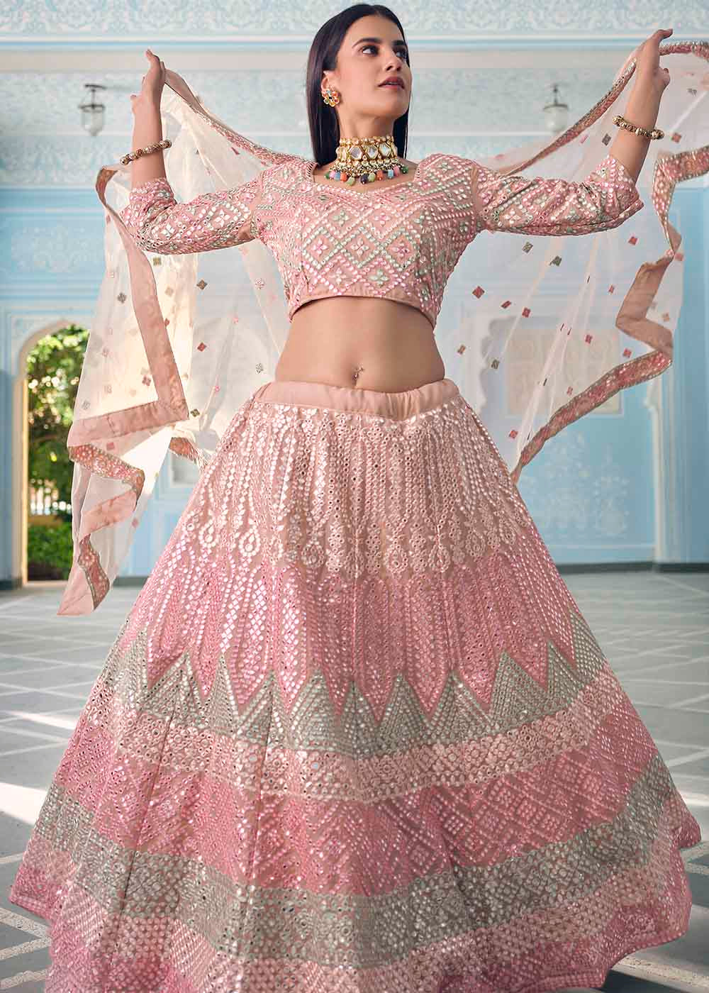 Shades Of Pink Organza Lehenga Choli with Foil,Thread & Mirror work