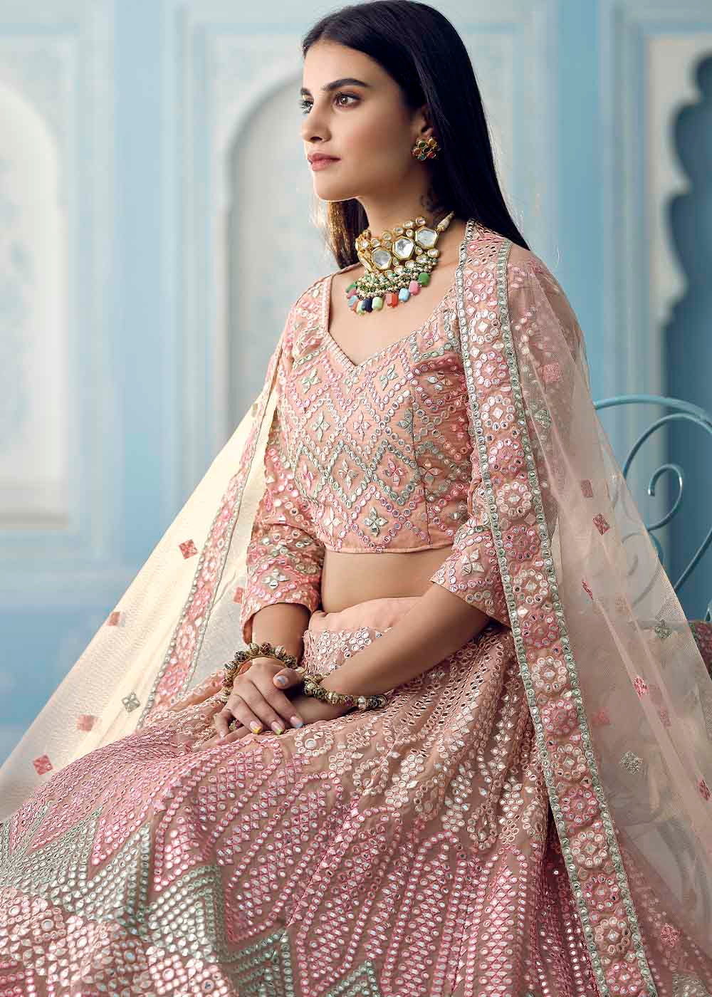 Shades Of Pink Organza Lehenga Choli with Foil,Thread & Mirror work