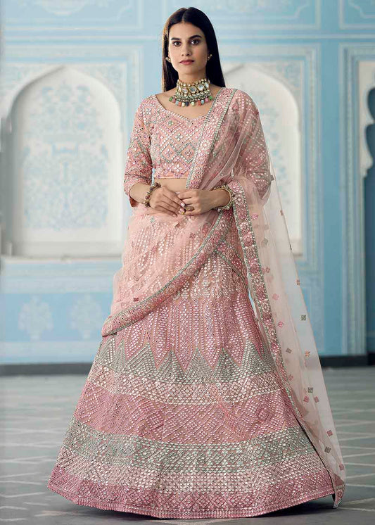 Shades Of Pink Organza Lehenga Choli with Foil,Thread & Mirror work