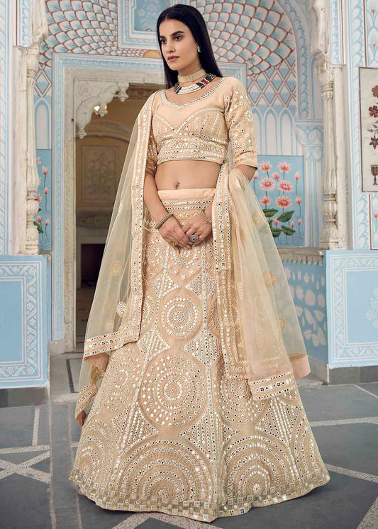 Bisque Brown Organza Lehenga Choli with Foil,Thread & Mirror work